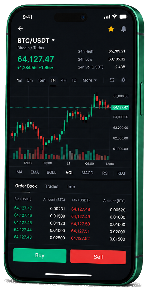 Interface mobile de trading Corvus Intelligence — cotations BTC/USDT en temps réel, carnet d’ordres et outils de suivi des opérations